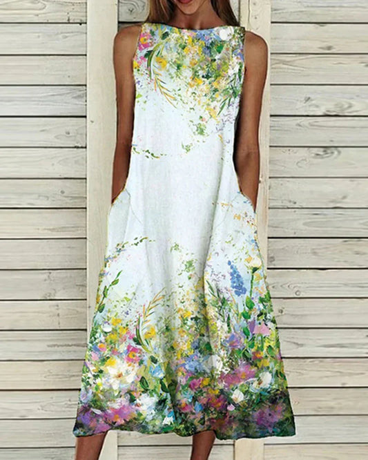 Barbara | Women's Sleeveless Round Neck Floral Midi Dress