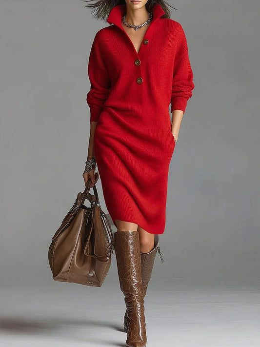 Helene | Women's Midi Dress with Button Placket and Ribbed