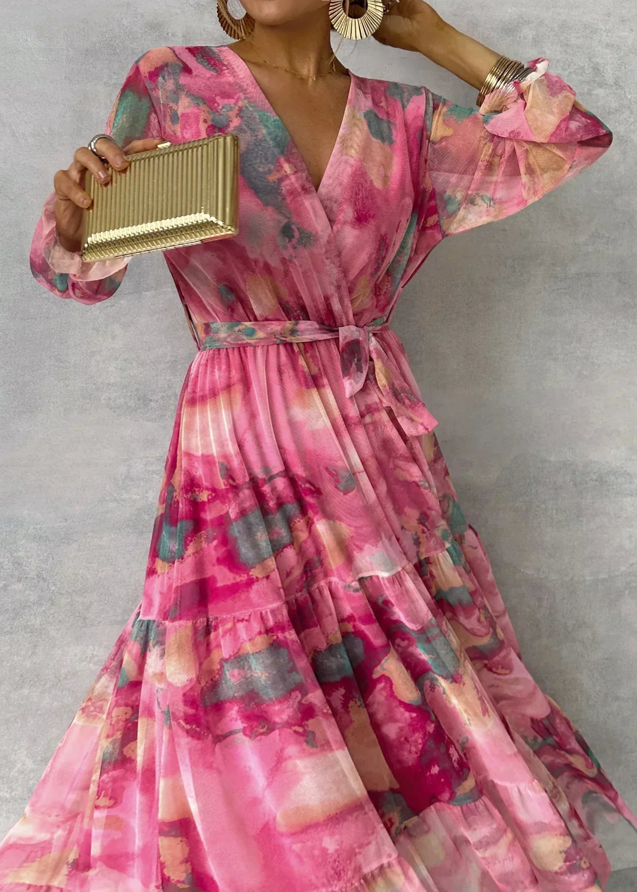 Susanne | Women's Flowing, pleated Maxi Dress with Belt and Floral Print