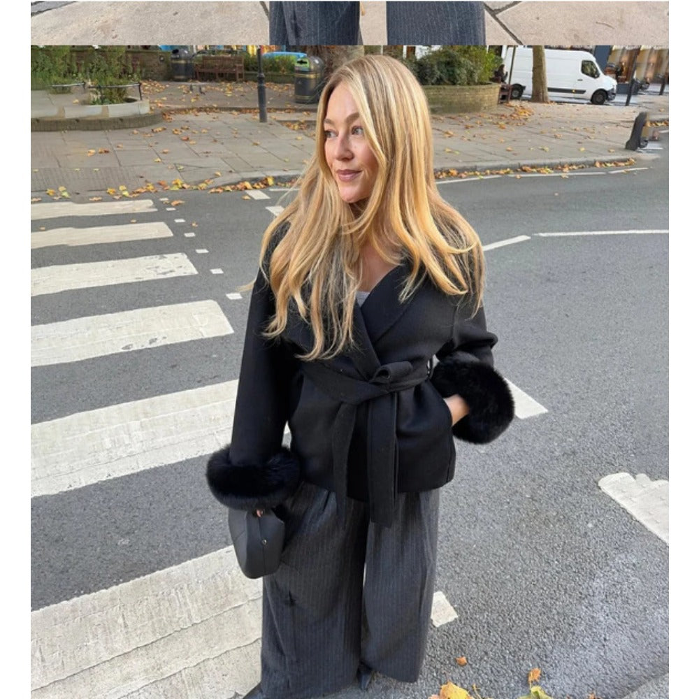 Daniela | Women's Coat with Belt and Faux Fur Sleeves