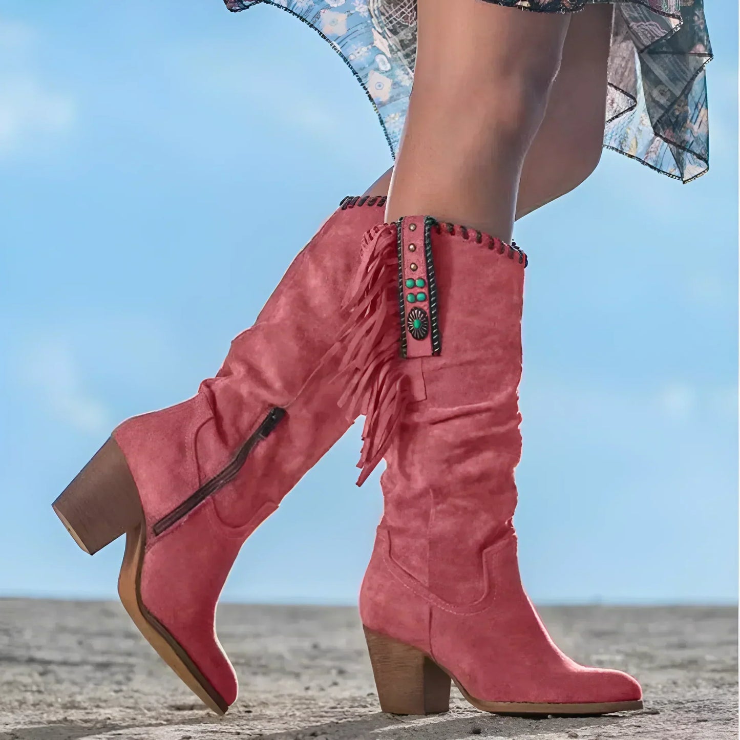 Felicia | Women's Western-Boots with Fringe and klobigem Heel