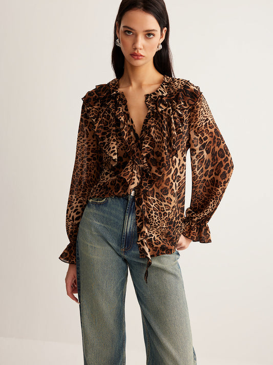 Eva | Women's Summer Leopardenbluse with Rüschenkragen