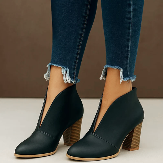 Block-Heel Ankle Boots for Women with Deep Front Cutout