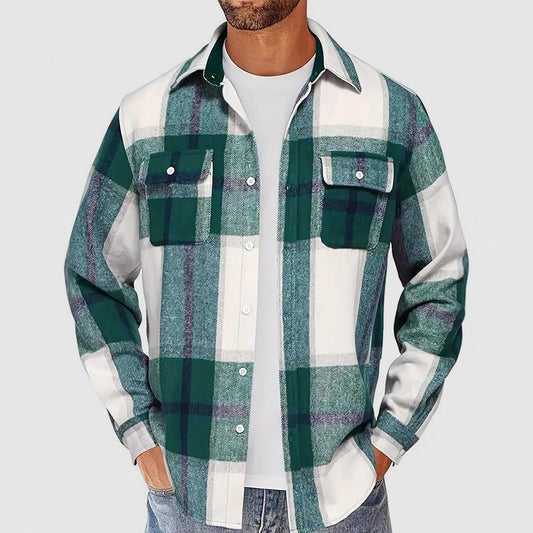 Men’s Plaid Button-Up Shirt with Chest Pockets