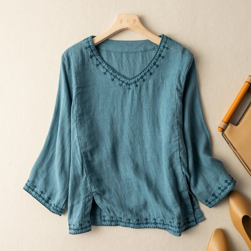 Brigitte | Embroidered V-neck blouse with graceful feminine everyday charm