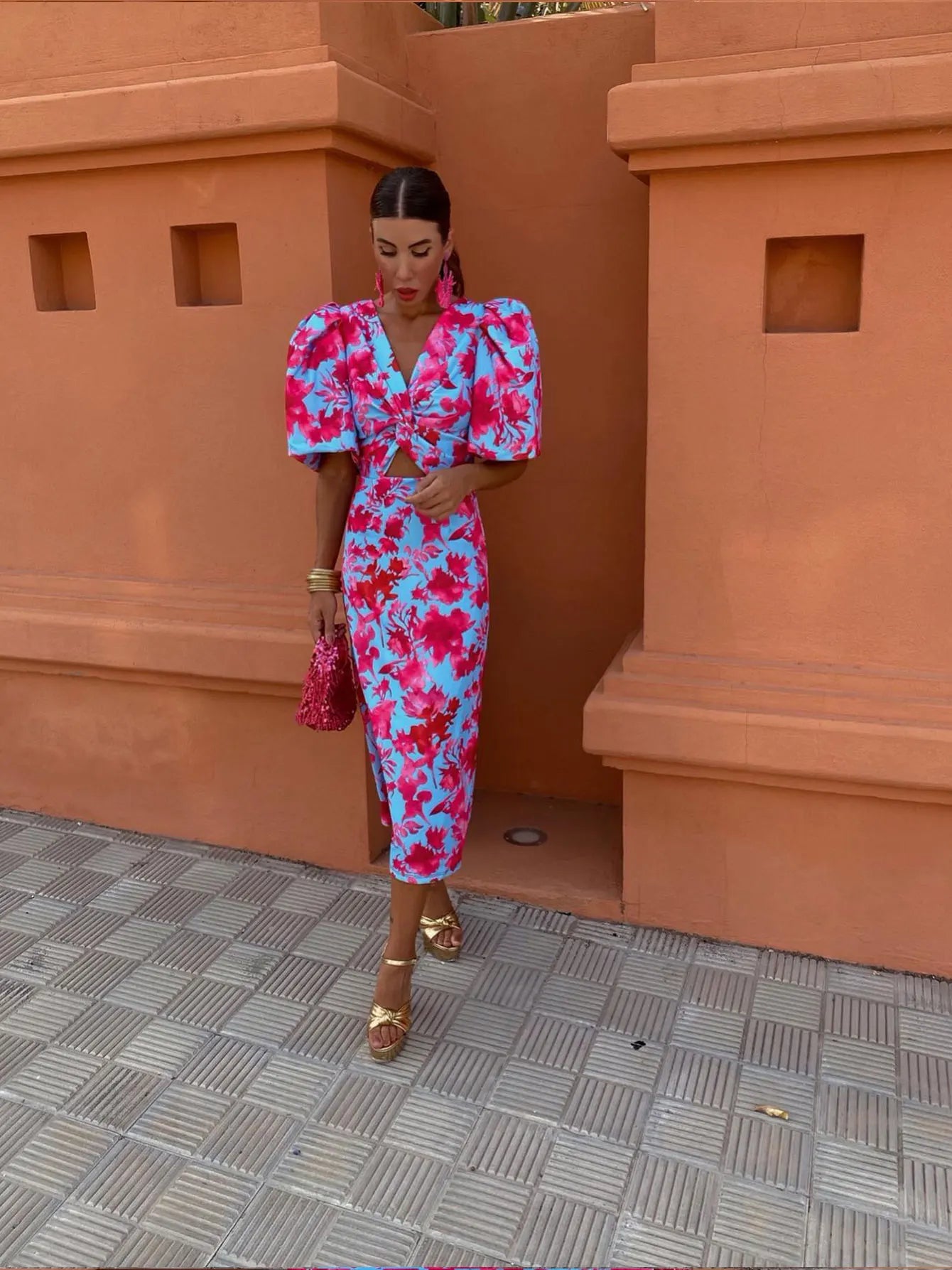 Monika | Women's Summer Printed Midi Dress with Puff Sleeves