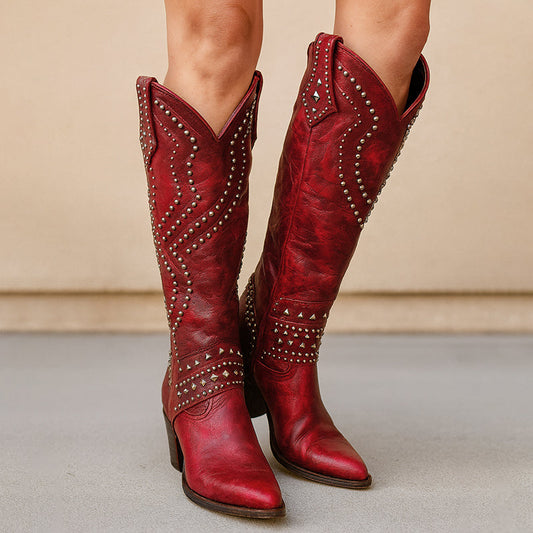 Women’s Studded Leather Knee-High Western Boots