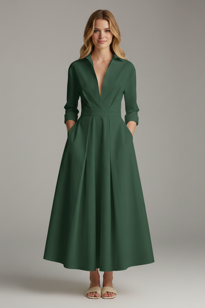 Lara | Women's Midi Dress with Button Placket Front and Taillendetail