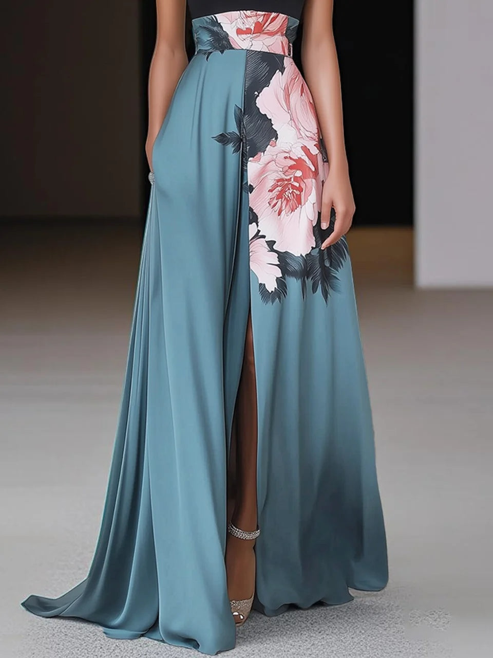 Angela | Women's Chic Schwarzes Slit Floral Classic Round Neck Sleeveless A-Line Maxi Dress