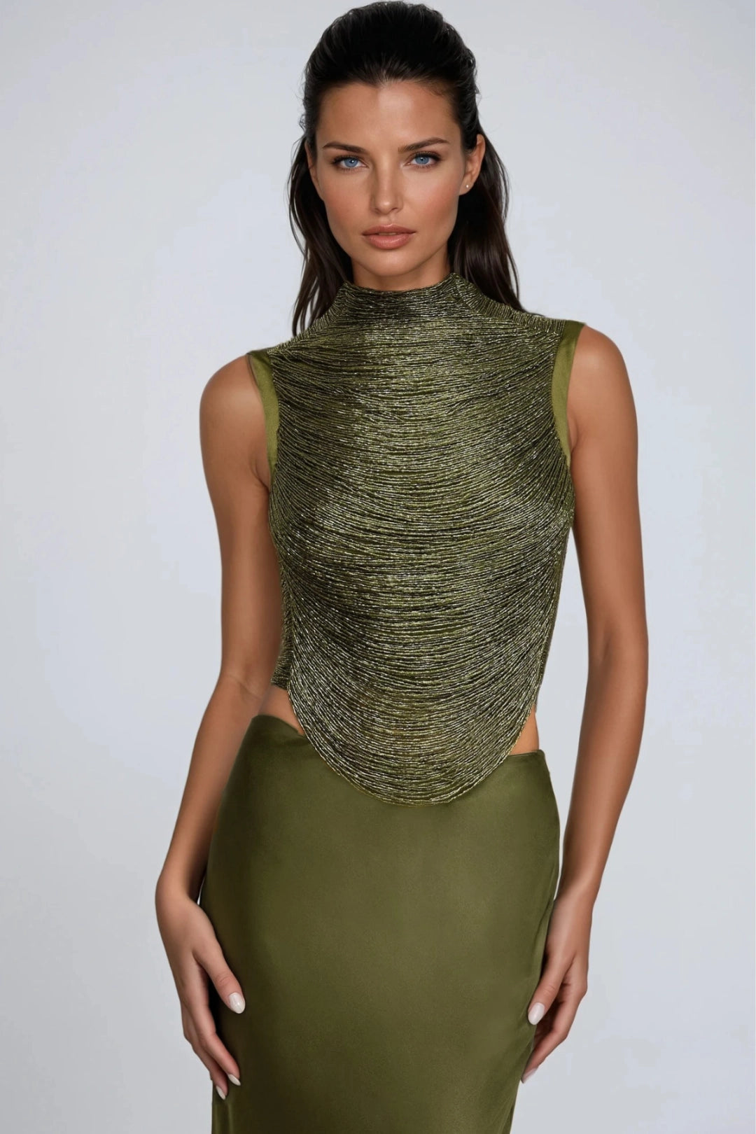 Valentina | Draped High Neck Top and Satin Maxi Skirt Set