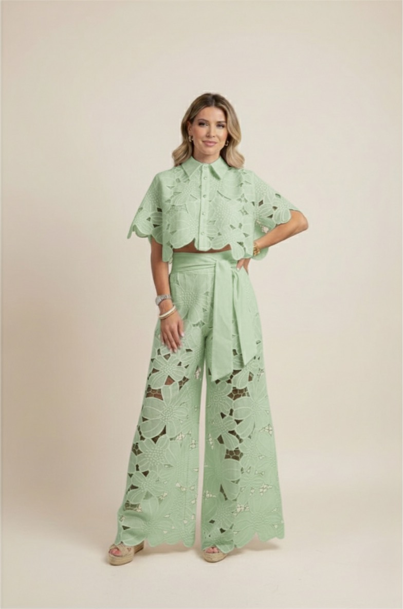 Delphine | Floral Lace Cut-Out Crop Top and Wide-Leg Pants Set