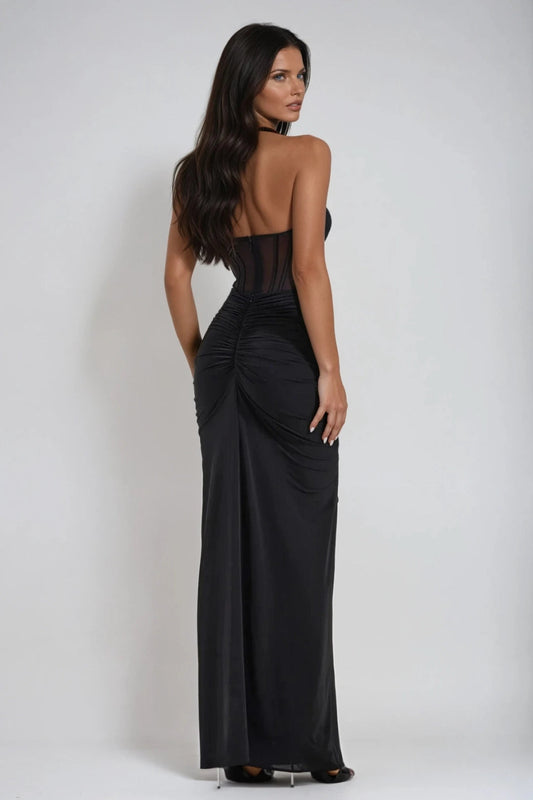 Xiomara | Halter Neck Corset Bodice Ruched Maxi Dress