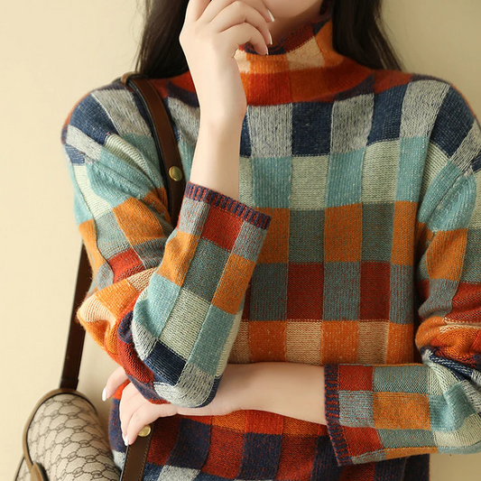 Andrea | Women's Knit Sweater with Color Block- and Plaid Pattern