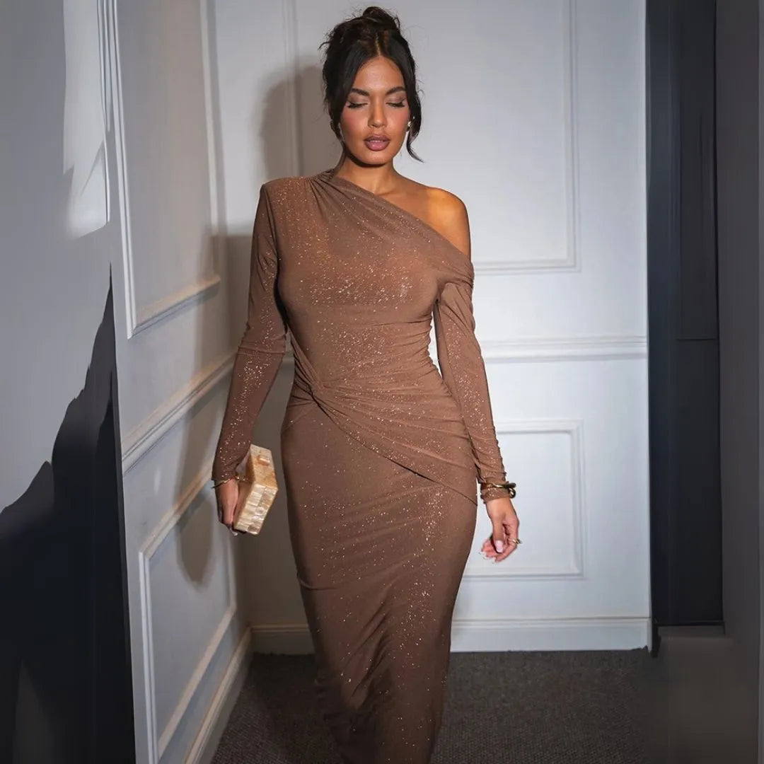 Fabiola | One-Shoulder Glitter Ruched Long Sleeve Maxi Dress