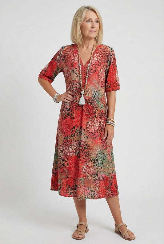 Xenia | Short Sleeve Floral Print Relaxed Midi Dress with Pockets