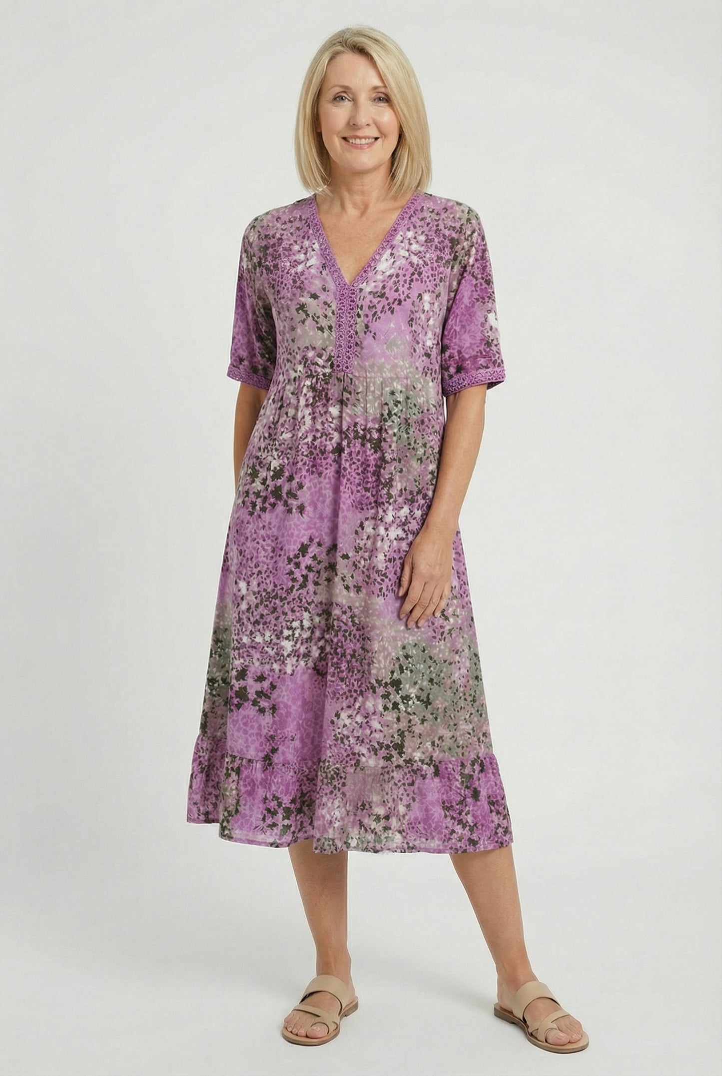 Xenia | Short Sleeve Floral Print Relaxed Midi Dress with Pockets