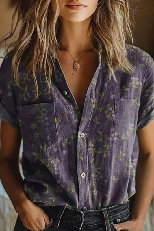 Ardea | Women's Breathable Cotton Relaxed Button-Down Floral Blouse