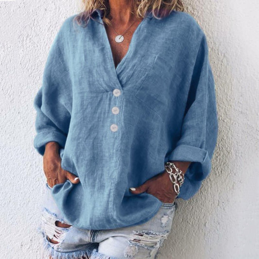 Annida | Women's Breathable Linen Oversized V-Neck Work Blouse