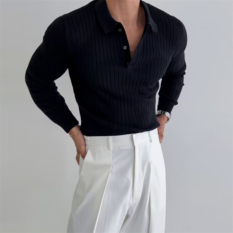 Anthony | Men’s Ribbed Button Placket Long Sleeve Polo Shirt