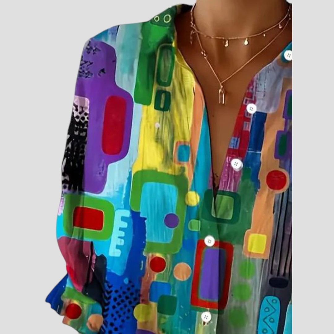 Dominique | Elegant geometric print blouse with modern breezy sophistication