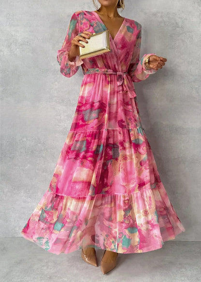 Susanne | Women's Flowing, pleated Maxi Dress with Belt and Floral Print