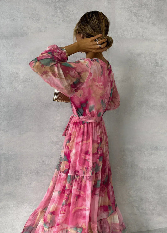 Susanne | Women's Flowing, pleated Maxi Dress with Belt and Floral Print