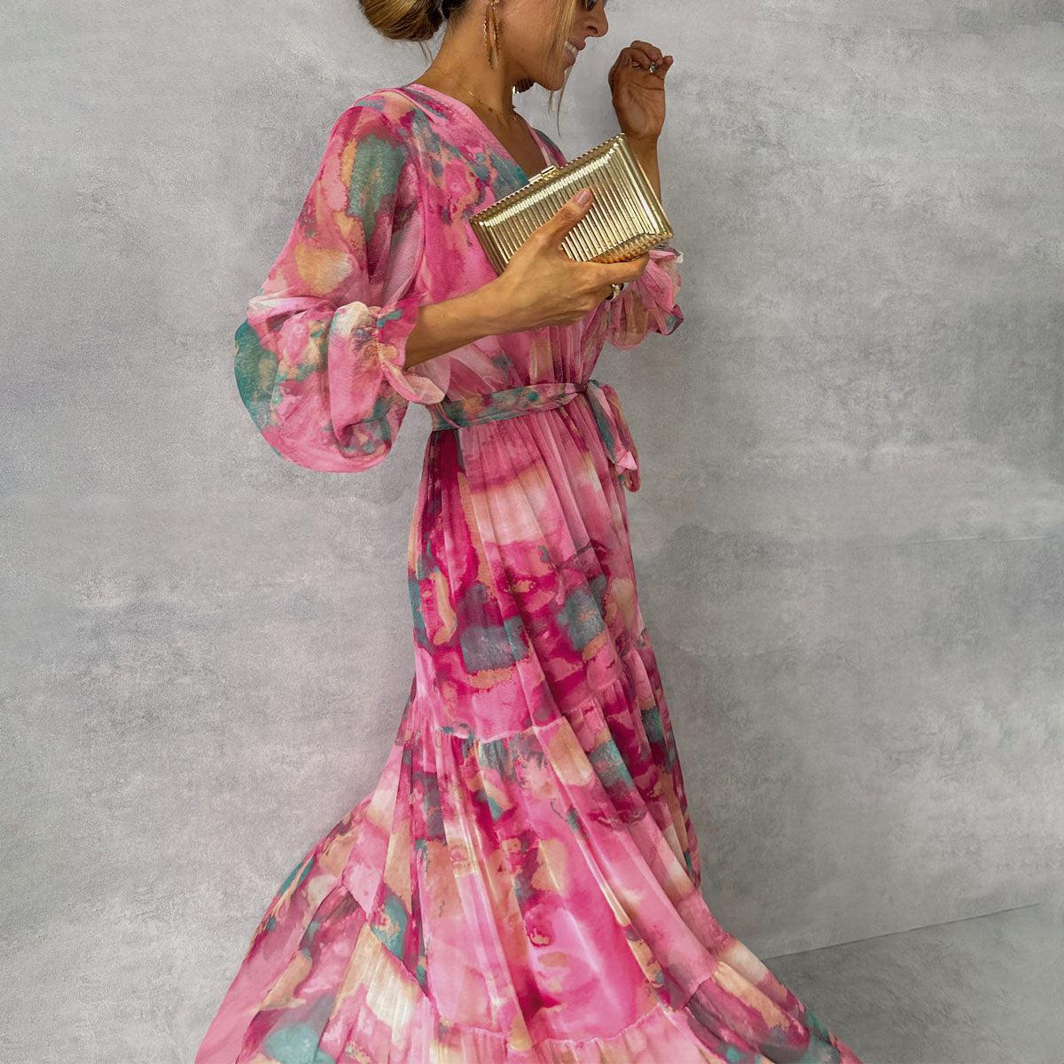 Susanne | Women's Flowing, pleated Maxi Dress with Belt and Floral Print