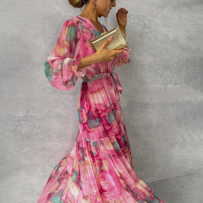 Susanne | Women's Flowing, pleated Maxi Dress with Belt and Floral Print