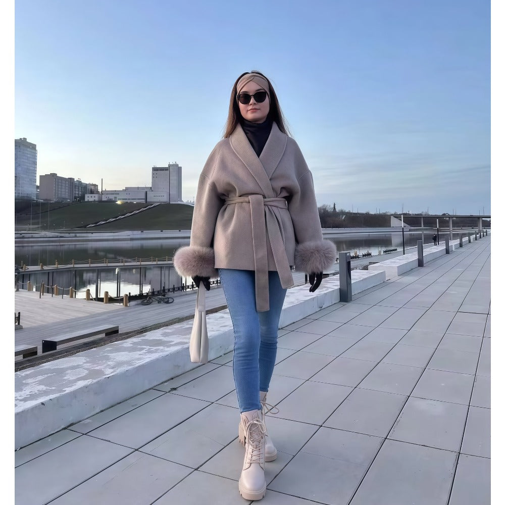 Daniela | Women's Coat with Belt and Faux Fur Sleeves