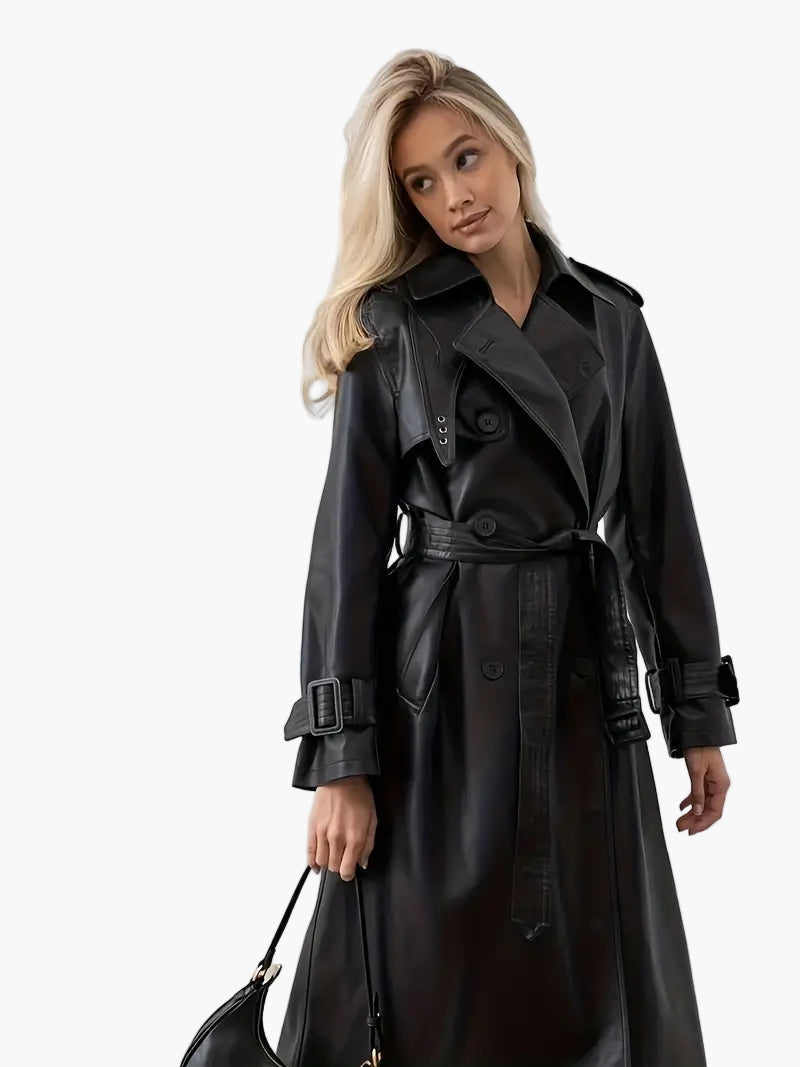 Edith | Women's Long Belt-Wearing Faux Leather Trench Coat