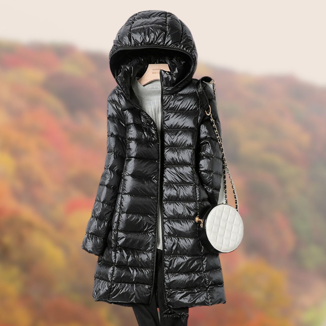 Leonie | Women's Shiny Long Quilted Jacket with Hood