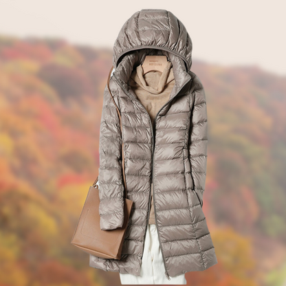 Leonie | Women's Shiny Long Quilted Jacket with Hood
