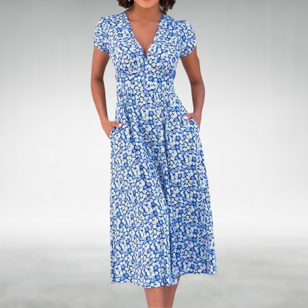 Julia | Women's Floral V-Neck Midi Dress with Pockets