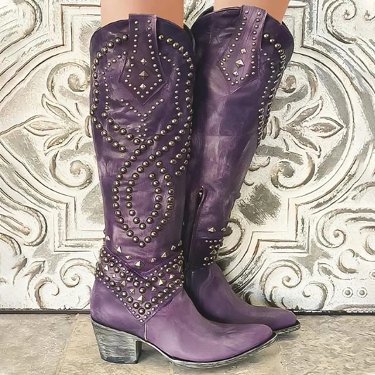 Lara | Women's Knee-High Studs Block Heel Boots