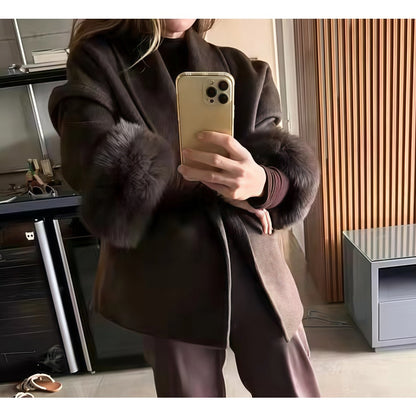 Daniela | Women's Coat with Belt and Faux Fur Sleeves