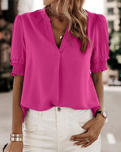 Maya | Fuchsia V-Neck Puff Sleeve Top