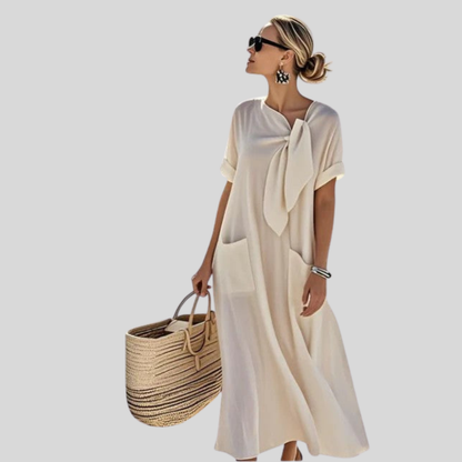 Elisa | Women's Relaxed Pockets Bindekragen Midi Dress