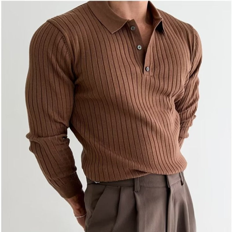 Anthony | Men’s Ribbed Button Placket Long Sleeve Polo Shirt