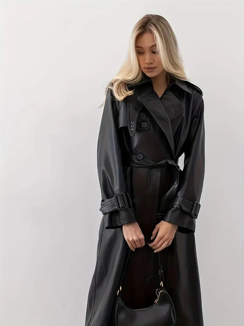 Edith | Women's Long Belt-Wearing Faux Leather Trench Coat