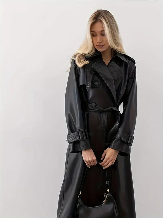 Edith | Women's Long Belt-Wearing Faux Leather Trench Coat