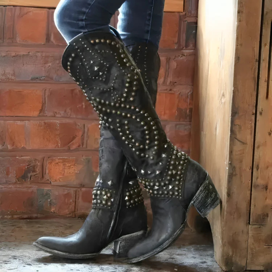 Lara | Women's Knee-High Studs Block Heel Boots