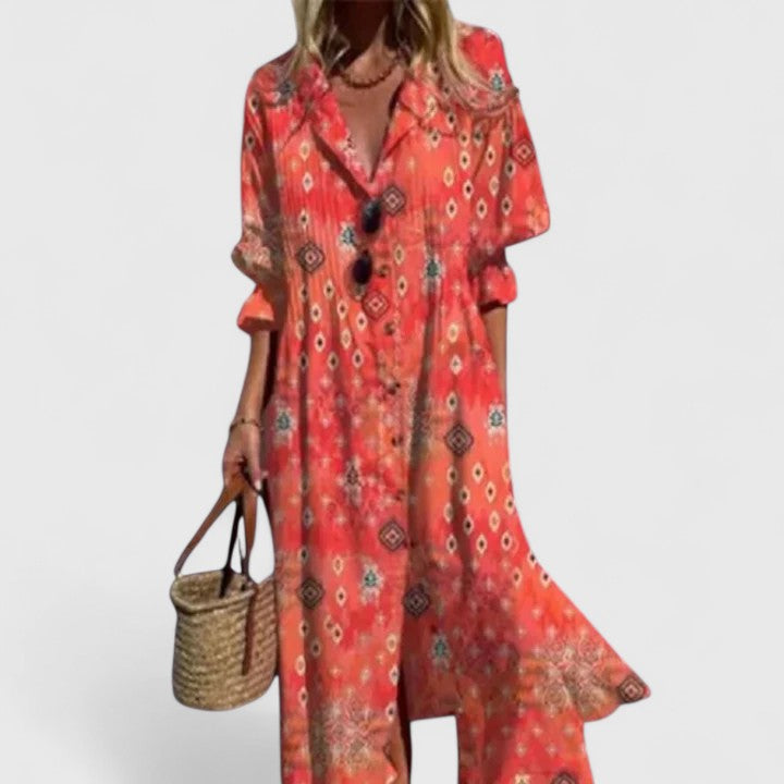 Edith | Women's Floral Button Placket Front Midi Dress