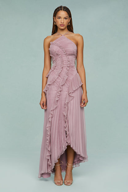 Elfriede | Women's Pleated Ruffle Halter Neck Midi Dress