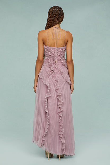 Elfriede | Women's Pleated Ruffle Halter Neck Midi Dress