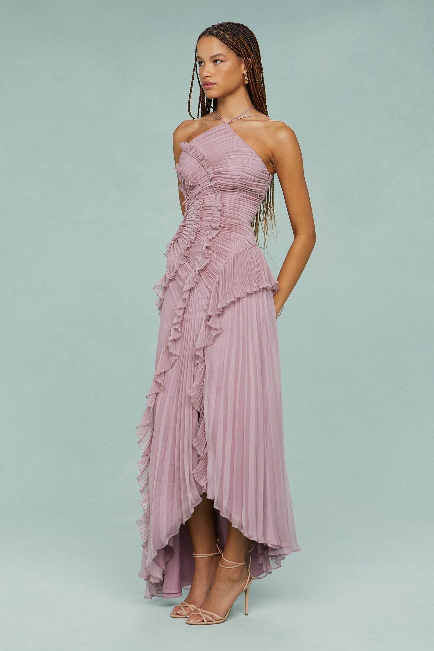 Elfriede | Women's Pleated Ruffle Halter Neck Midi Dress