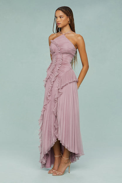 Elfriede | Women's Pleated Ruffle Halter Neck Midi Dress