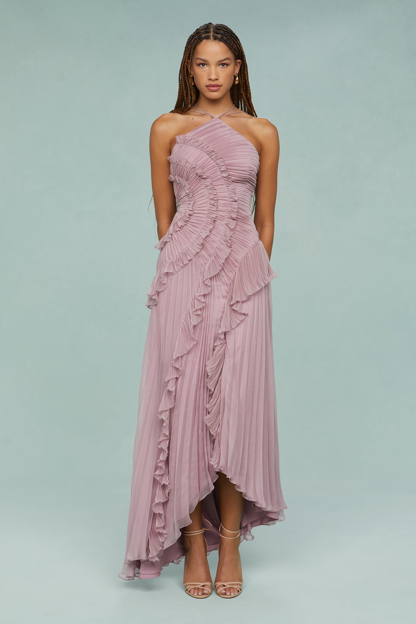 Elfriede | Women's Pleated Ruffle Halter Neck Midi Dress