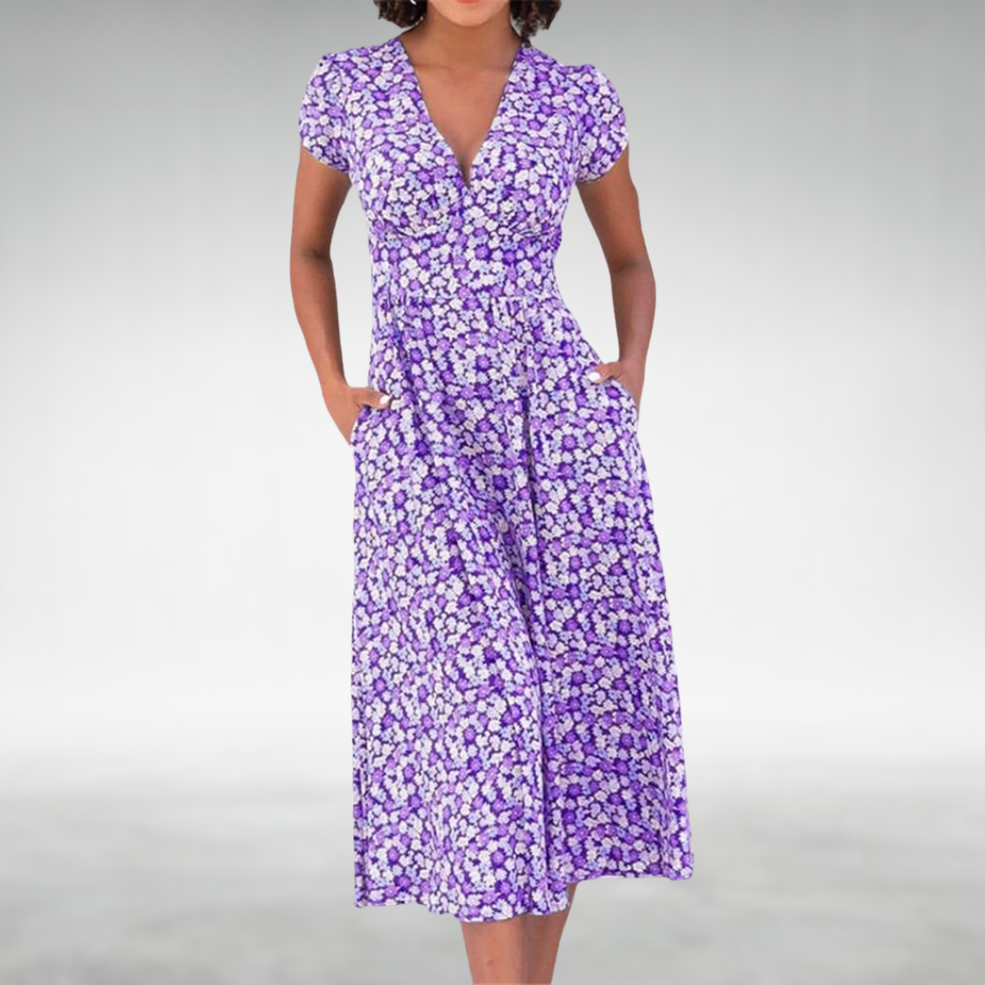 Julia | Women's Floral V-Neck Midi Dress with Pockets