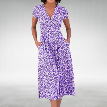 Julia | Women's Floral V-Neck Midi Dress with Pockets
