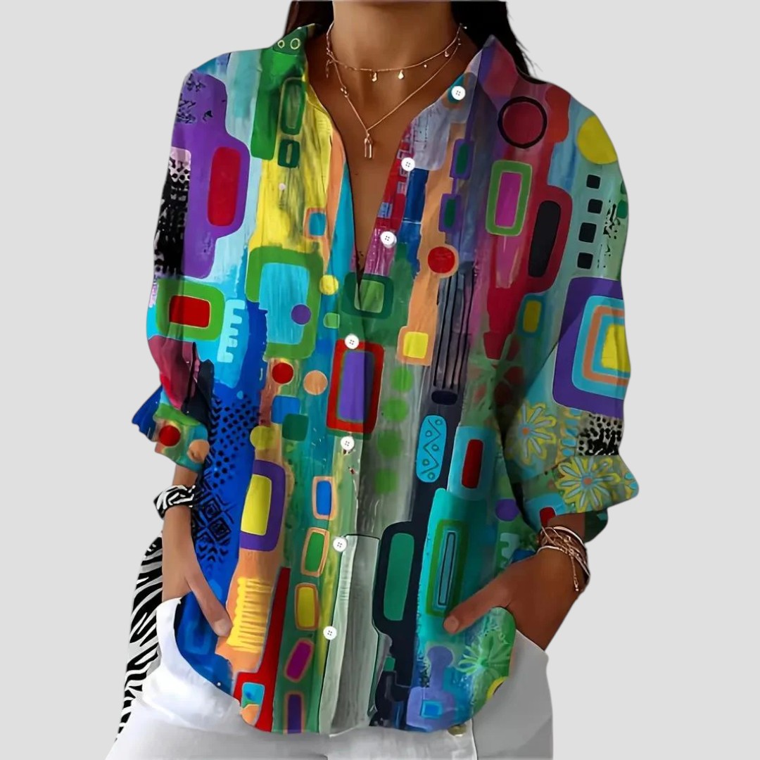 Dominique | Elegant geometric print blouse with modern breezy sophistication